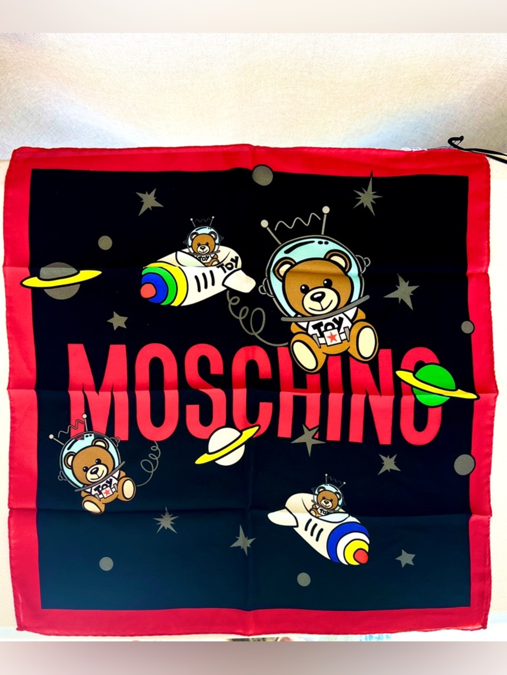 MOSCHINO Toy bear in space silk NECK scarf black red